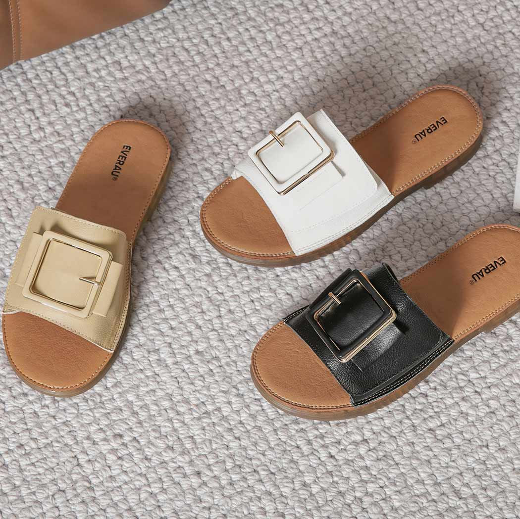 EVERAU® Women Leather Buckle Adjustable Ultra Soft Flat Slides Bera EA 7034