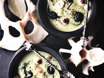 Sweet Pea + Roasted Romanesco Soup w/ Black Garlic Puree, Hazelnut Eyes + Crisp Parsnips