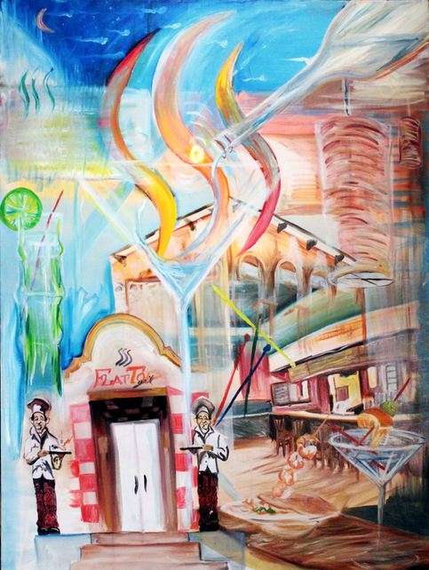 "The Grill", Oil on 36x48 inches Canvas. #8 in Collage and Texture Collection by artist Michael Lude. Commissioned by Flat Top Grill in Ft. Wayne IN