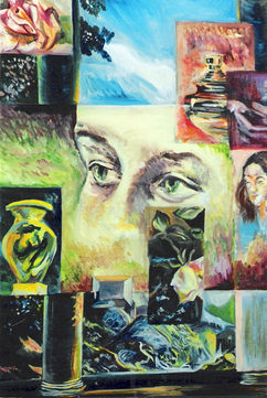 "Green Eyes", Oil on 27x36 inch Canvas
#2 in Collage and Texture Collection. By Artist Michael Lude