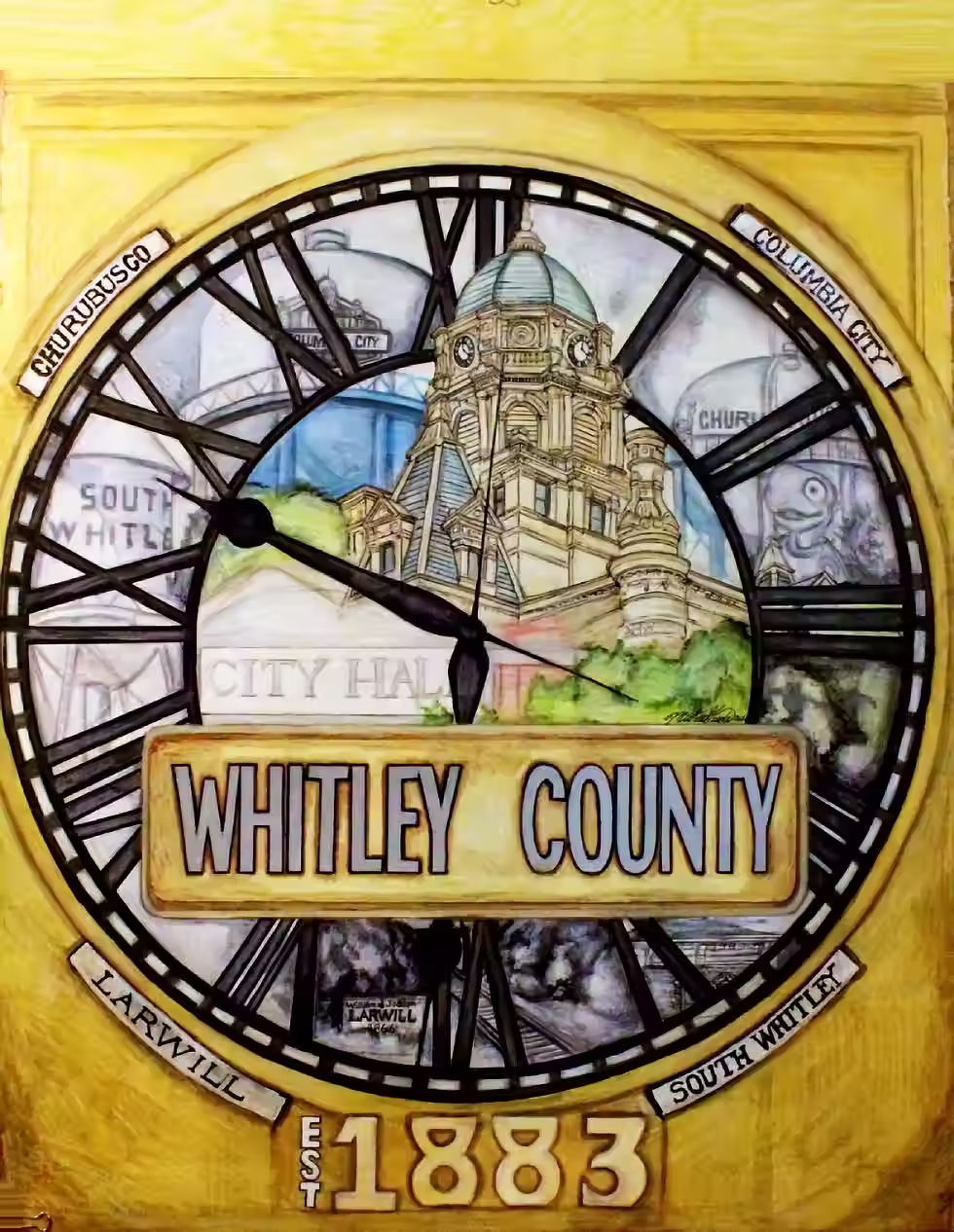 "A highly detailed, hyper-realistic architectural rendering of the historic Whitley County Courthouse by artist Michael Lude, featured as the 2017 Whitley County Community Guide cover."