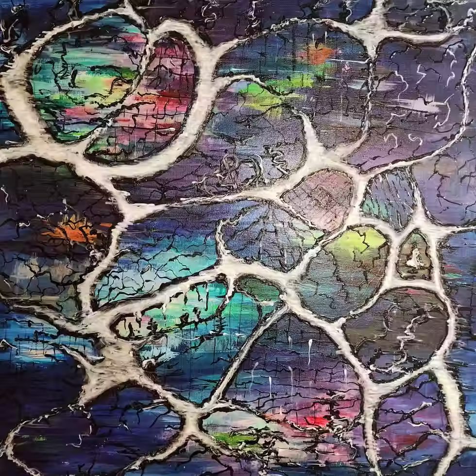 Hue Synapse 2024 Mixed media acrylic on 24x24 inch Canvas. by Jennifer L. Lude.