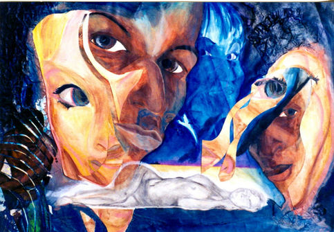 "Many Faces" Watercolor, Mixed Media, and Acrylic on Illustration Paper 22x28 inches. #9 in Love Collection by Artist Michael Lude