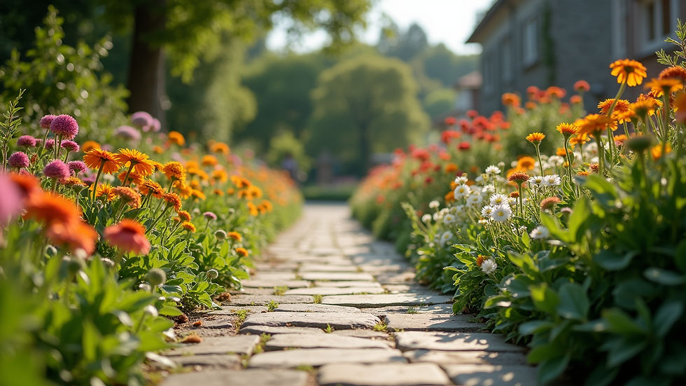 Eye-level view of a beautifully landscaped garden with colorful flowers and a stone pathway