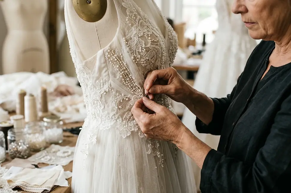 Hand-beading and lace detailing affecting wholesale wedding dress manufacturing costs.
