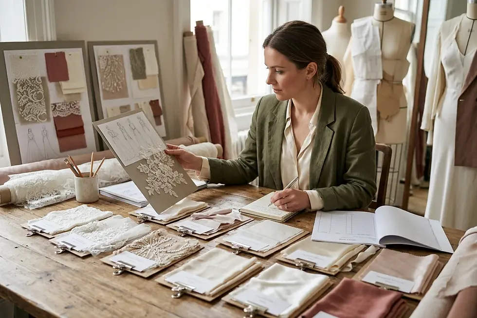 Bridal boutique owner evaluating dress samples and custom bridal textiles