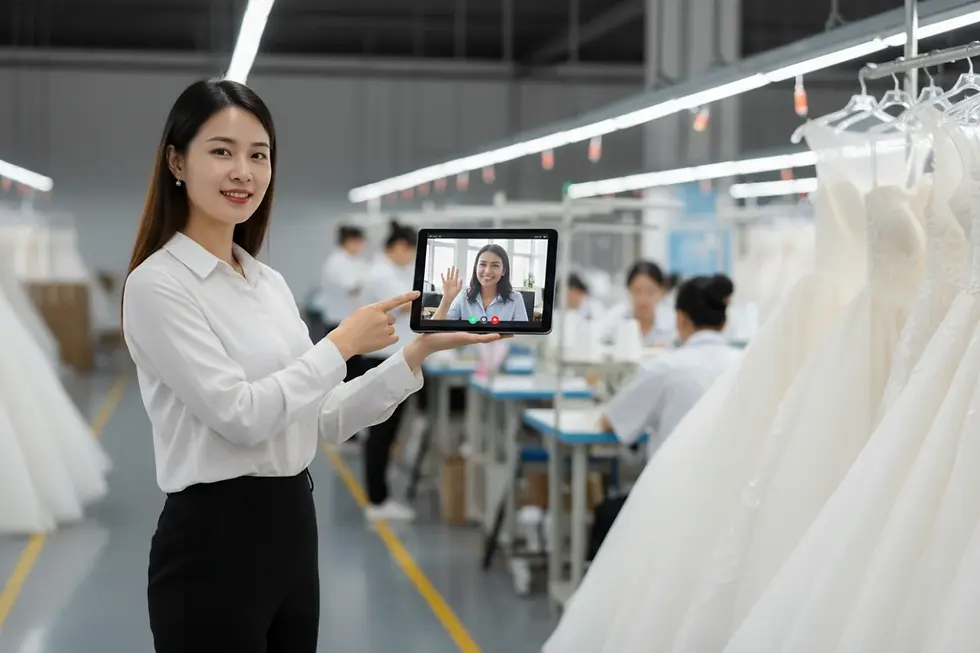 Auditoria remota de fábrica de vestidos de noiva com cliente internacional via vídeo ao vivo