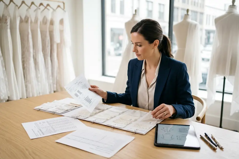 Bridal salon buyer checking fabric test reports and bridal gown material swatches.