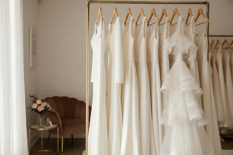 Diverse showroom assortment of wholesale wedding dress suppliers featuring A-line cuts