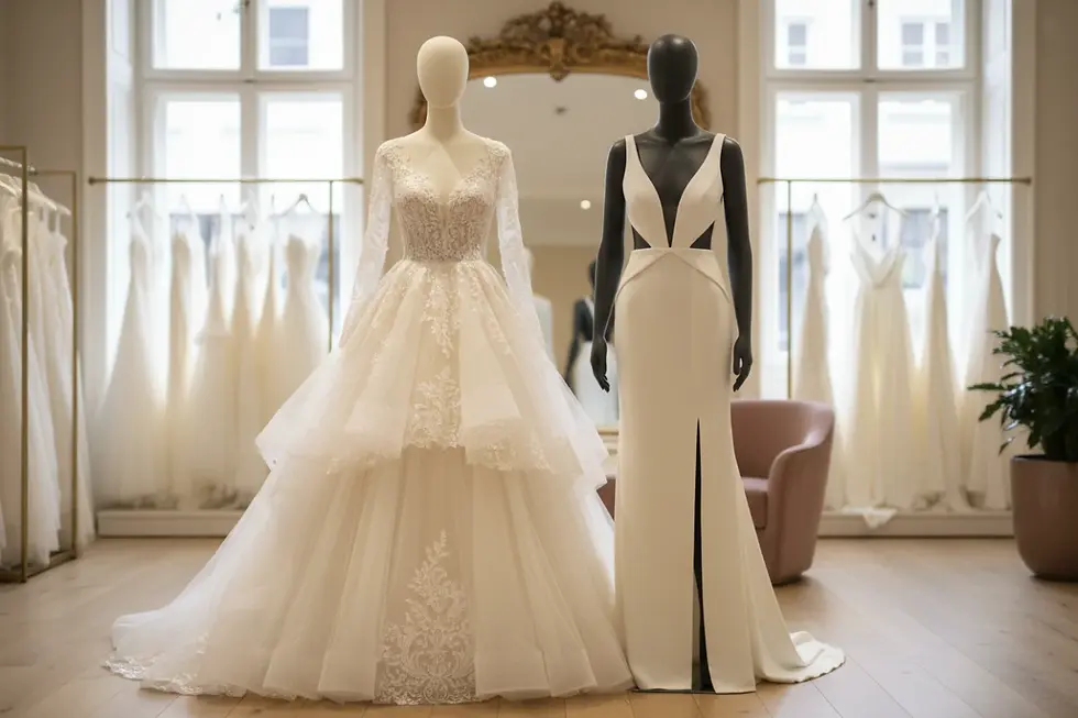 Confronto tra abiti da sposa di tendenza e classici in un atelier.