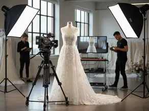 Studio di design bridal attrezzato per il processo di wedding dress video sample approval