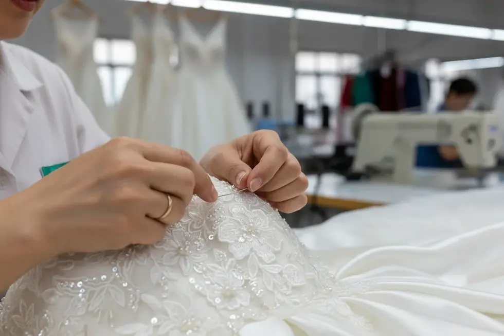 Bordado manual detalhado durante controle de qualidade de vestidos de noiva na China