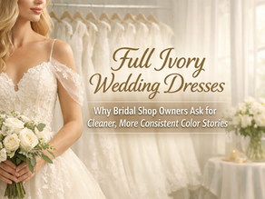 Full ivory wedding dresses help bridal shop owners keep racks, photos, and samples looking clean and consistent. Here’s why buyers ask for full ivory—and how to avoid shade surprises.