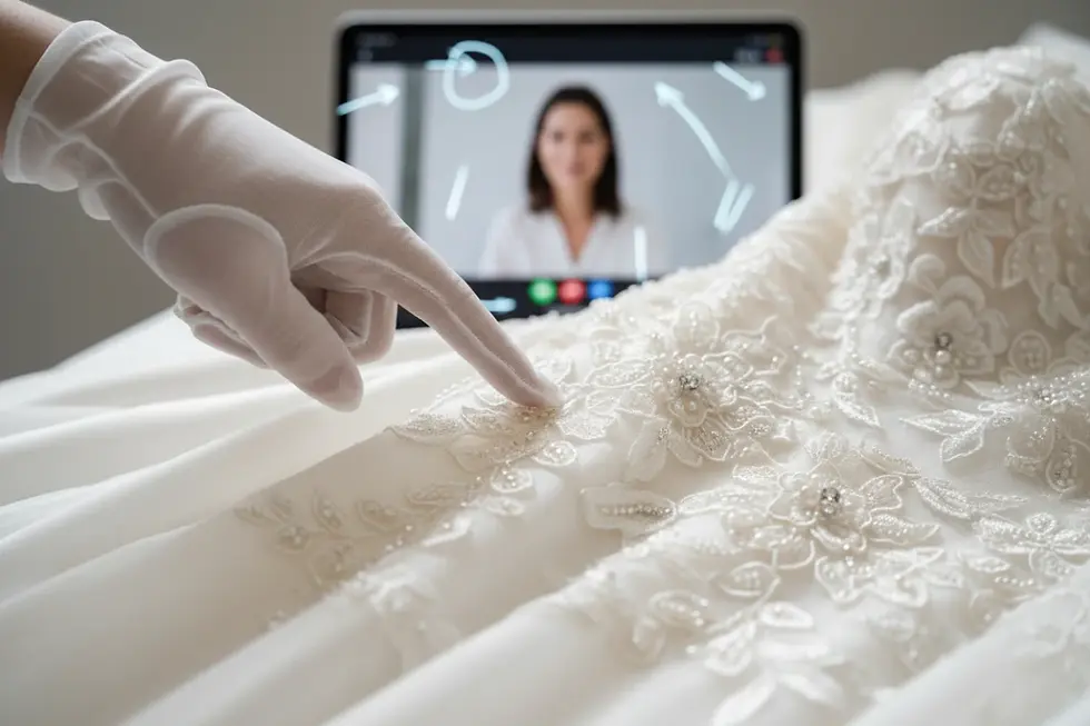 Ispezione video campioni sartoriali con focus su dettagli in pizzo e perline