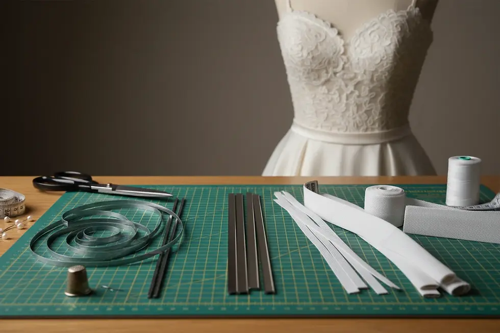 Comparison of wedding gown boning types including spiral steel and Rigilene