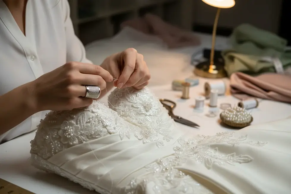 Detalhe de costura e aplicação de renda manual em Brautkleid Änderungen in der Produktion