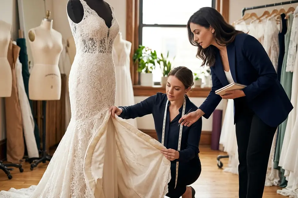 Boutique inspection of seam allowances on wholesale mermaid bridal gowns
