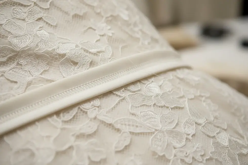 Evaluating wedding dress stitching density and clean seam finishes on bridal crepe fabric