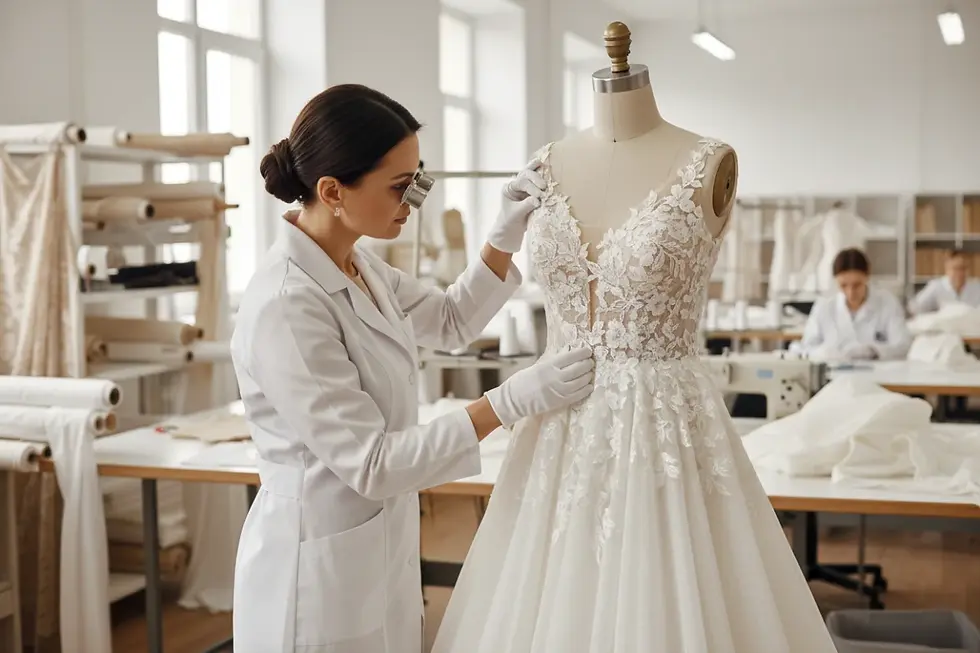 Contrôle qualité d'une robe de mariée chez un fabricant de petite série.