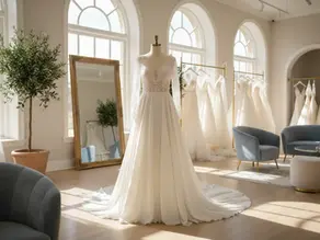 Vestido de noiva premium exposto em um showroom de um fabricante private label