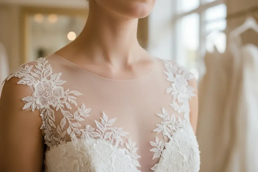 Edge finishing and seamless illusion neckline on wholesale lace wedding dresses