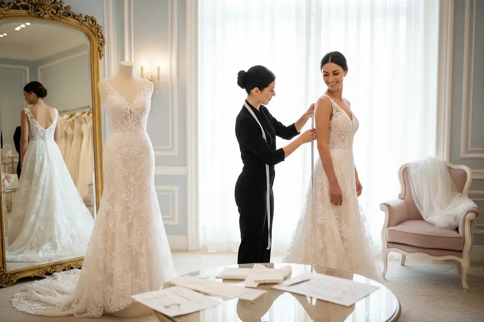Bridal sample dress fit consistency demonstrated during a salon fitting