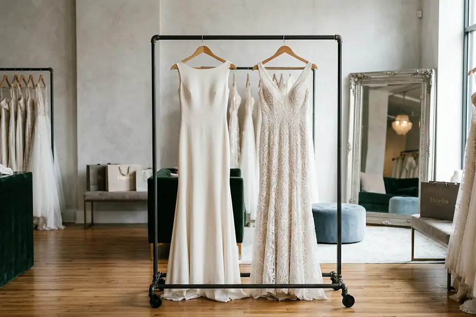 Minimalist crepe wedding gown hanging next to an intricate lace bridal dress.