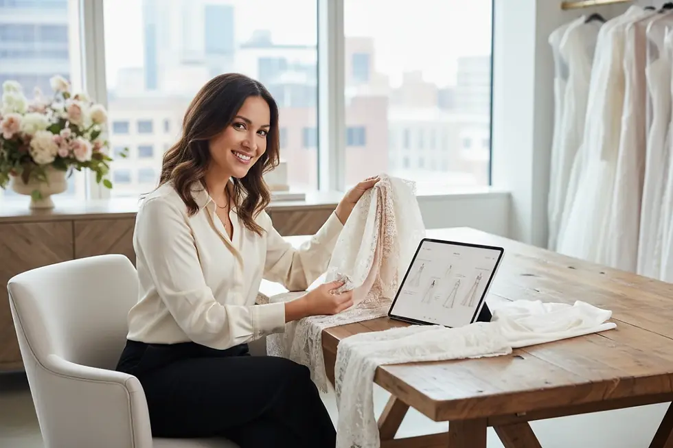Independent bridal boutique owner planning inventory sourcing using digital catalogs and fabric swatches.