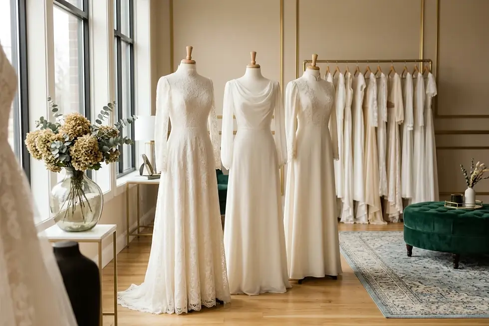 Modest wedding dresses for church ceremonies displayed in a bridal boutique.