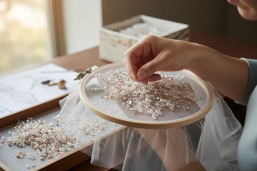 Artisan performing custom bridal beadwork production on sheer lace