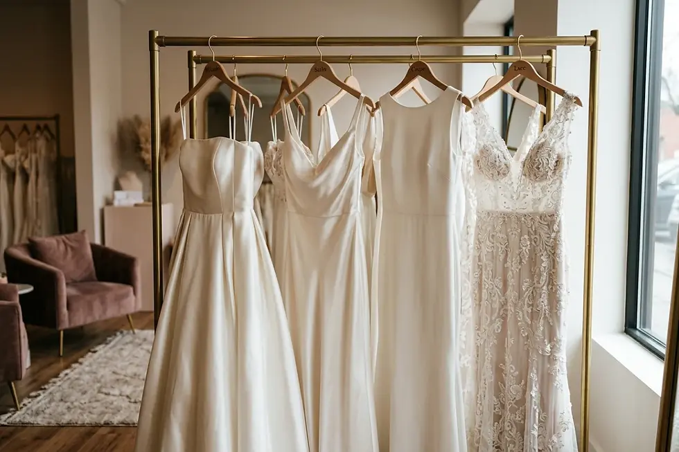 Balanced bridal boutique showroom rack featuring satin, Mikado, crepe, and lace gowns.
