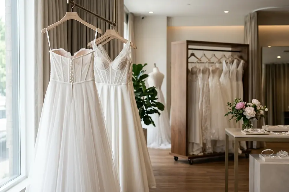 Brautmode Musterkleid Auswahl mit vielseitigen Schnittführungen für Boutiquen.