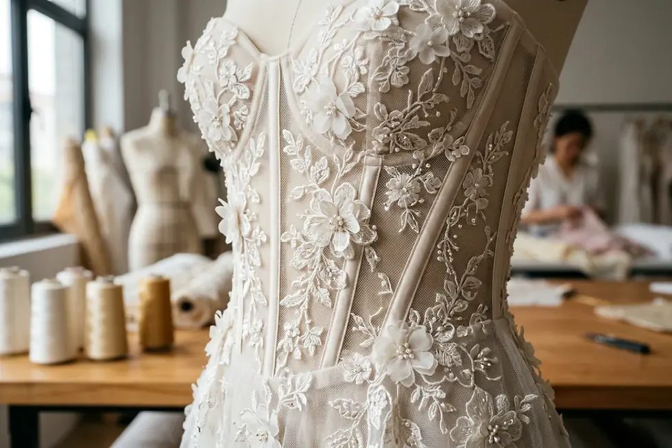 Tactile 3D lace details and ergonomic corsetry on 2027 bridal gown sample
