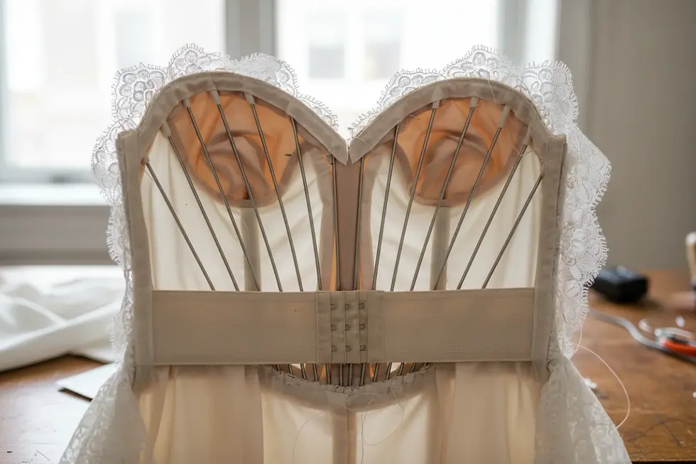 Understructure and internal boning in custom lace bridal gown factory production