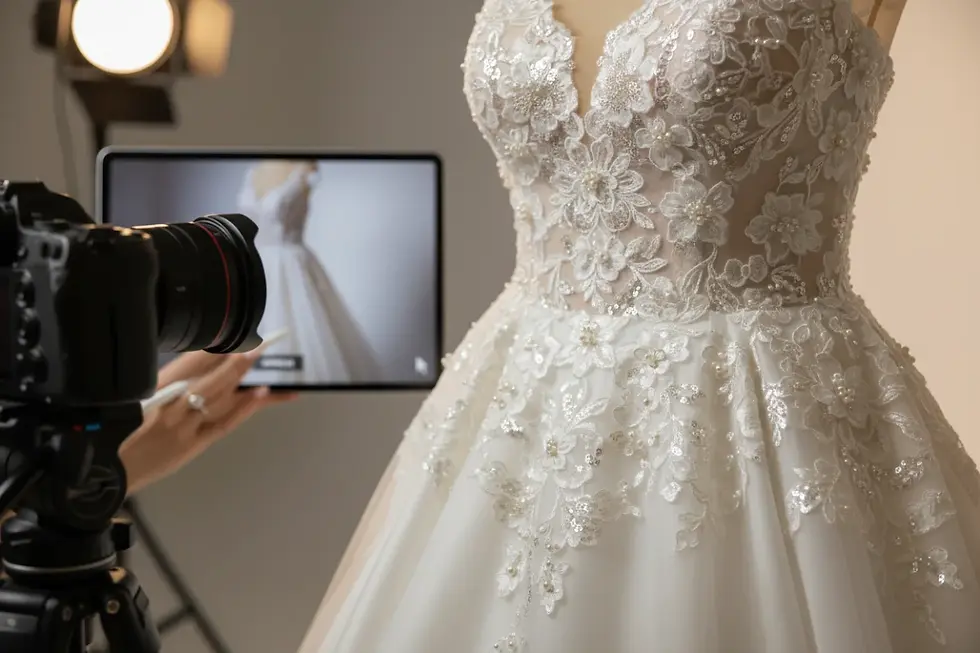 High-definition camera setup for remote wedding dress inspection.
