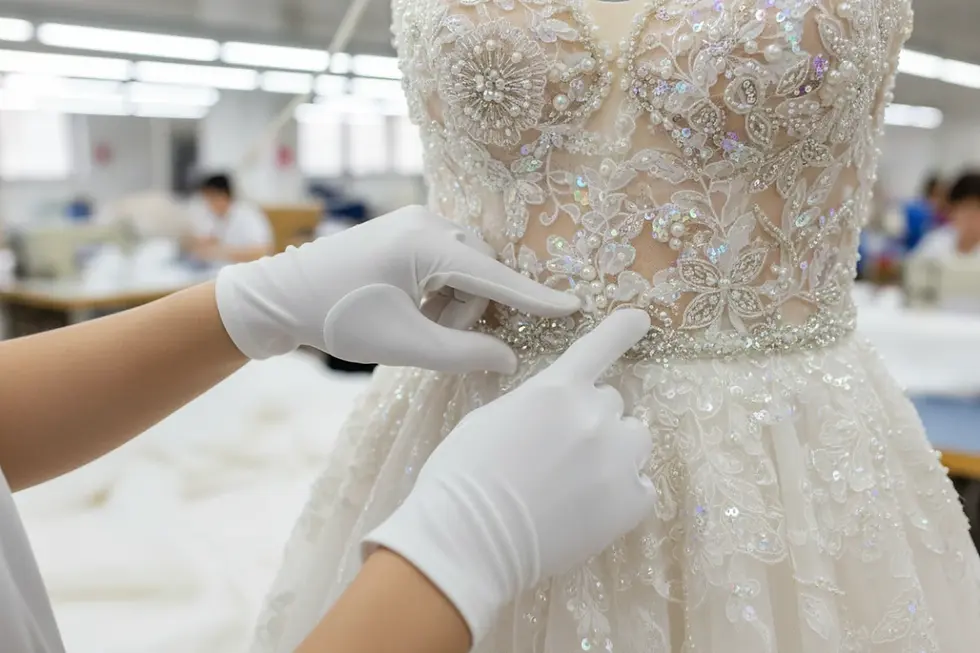 Bridal embellishment quality control inspection in a luxury garment workshop