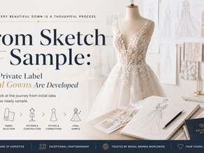 See how private label bridal gowns move from an initial sketch to a finished sample, including fabrics, patterns, fittings, corrections, and approval.