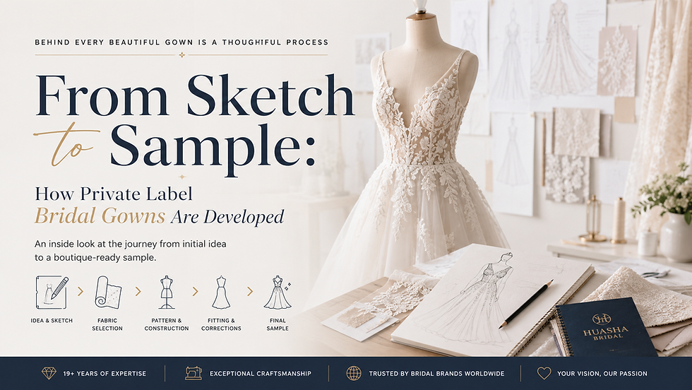 See how private label bridal gowns move from an initial sketch to a finished sample, including fabrics, patterns, fittings, corrections, and approval.