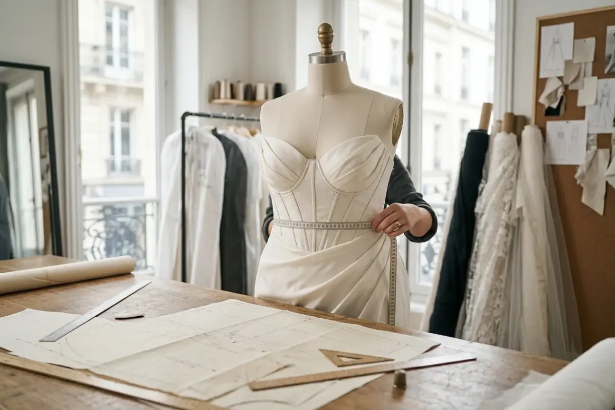 Schnittmuster und Konstruktion eines Plus-Size-Brautkleides im Brautmoden-Atelier