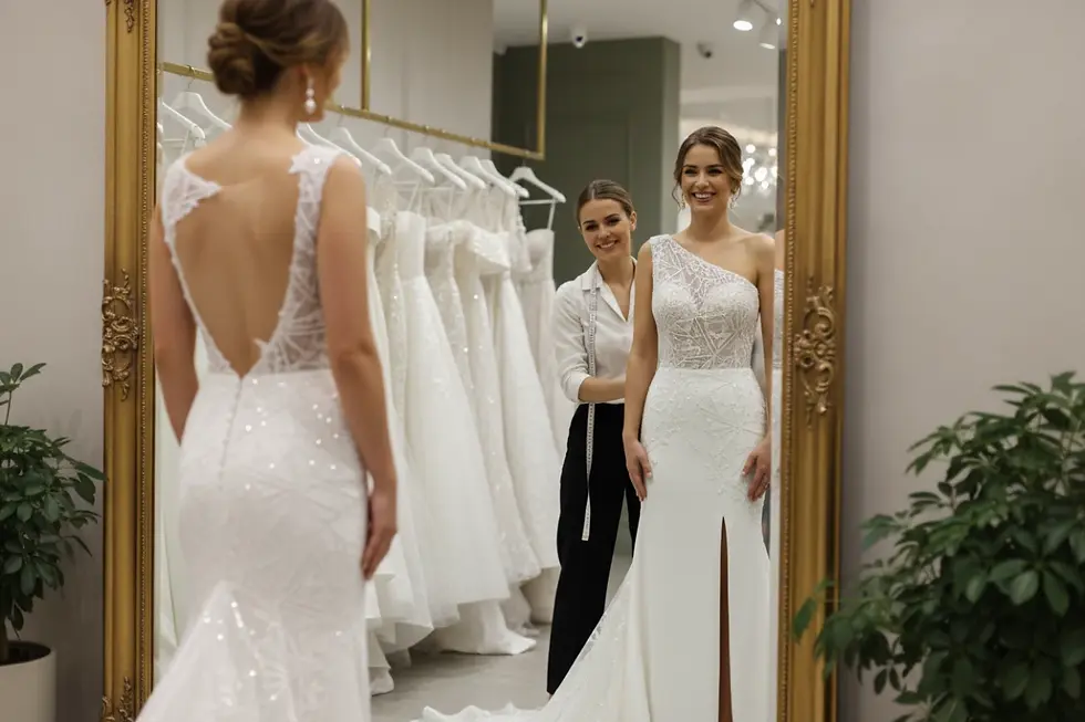 Novia probándose un vestido elegante de Huasha en una boutique