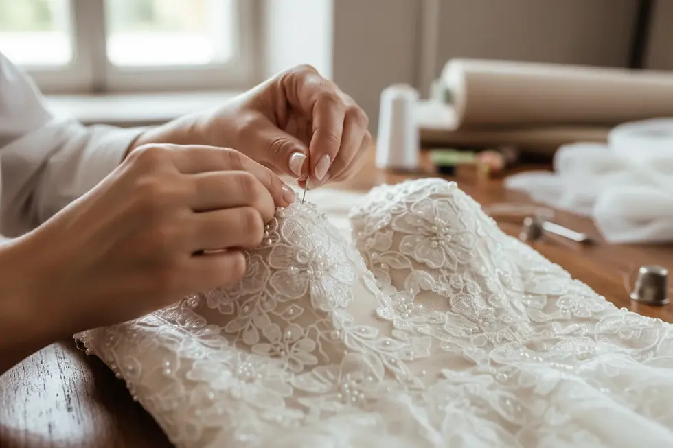 Dettaglio di lavorazione sartoriale di un abito da sposa di alta qualità