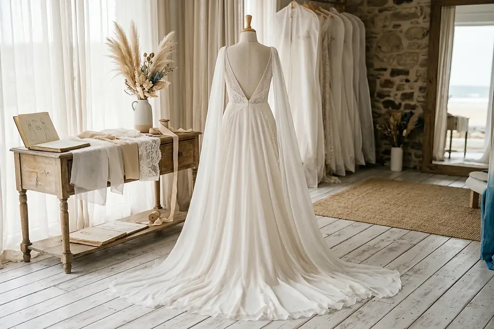 Bridal gown with a sweep train and detachable cape designed for beach ceremonies.