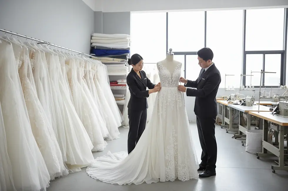 Quality inspection of a finished bridal sample created by wedding dress pattern making manufacturer Huasha.