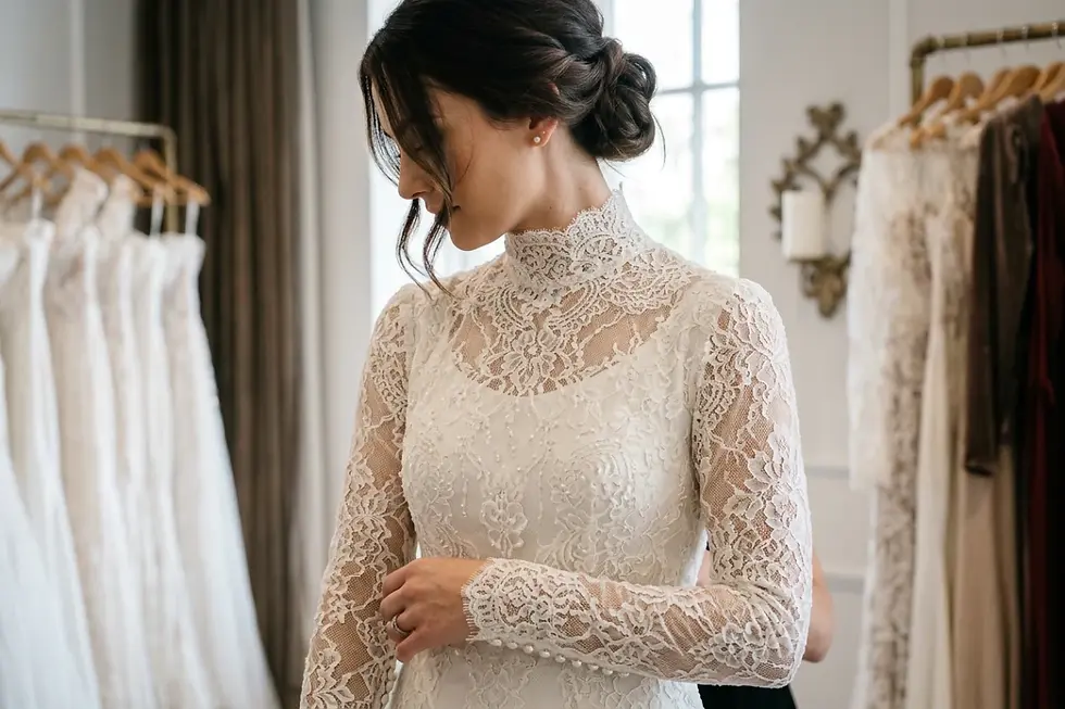 High neck lace wedding dresses featuring intricate collar and sleeve detailing.