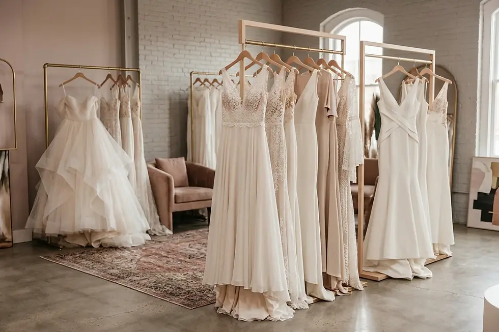 Assorted bridal dress samples showcasing various silhouettes on boutique hangers