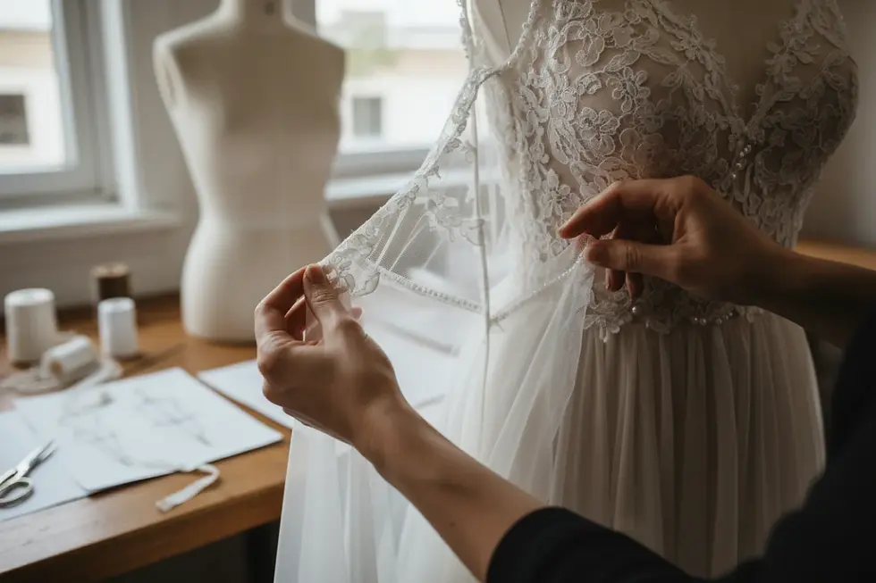 Detailaufnahme der hochwertigen Verarbeitung und Spitze eines Brautkleides