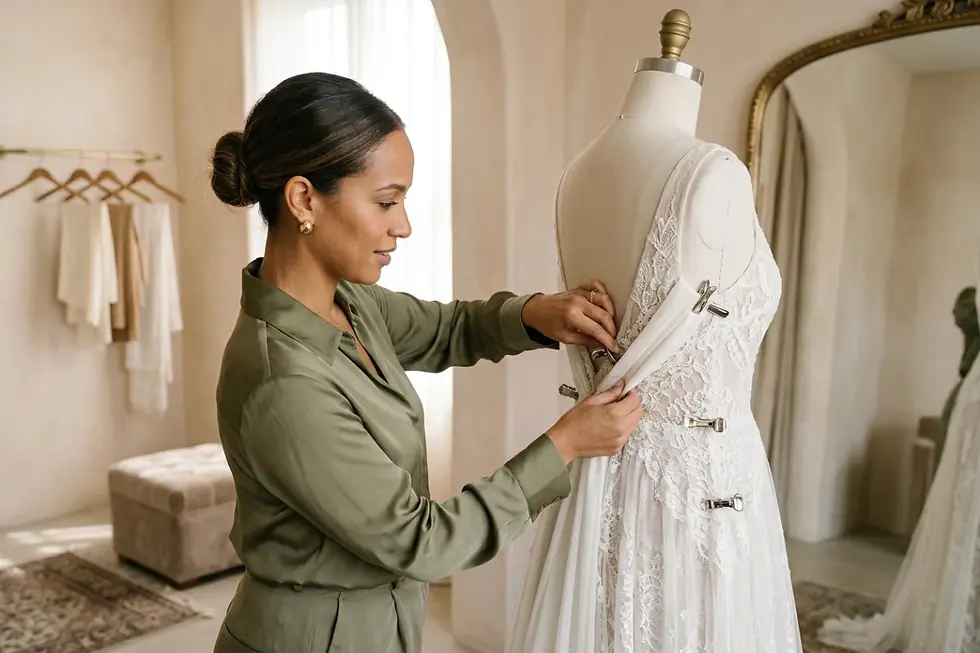 Bridal stylist adjusting a sample wedding dress on a display mannequin