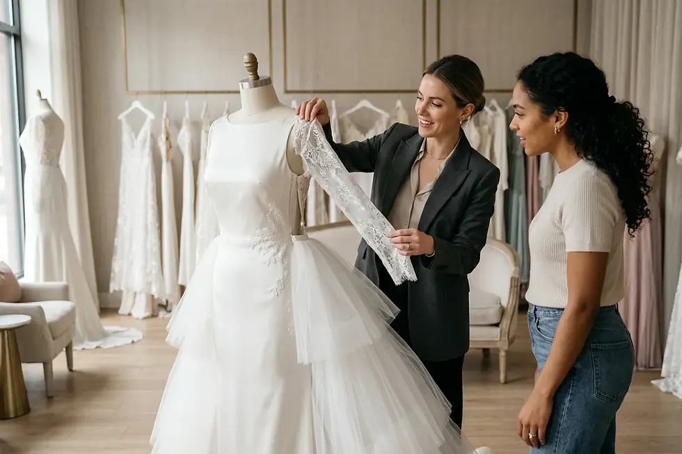 Bridal gown with detachable accessories used to diversify boutique inventory.