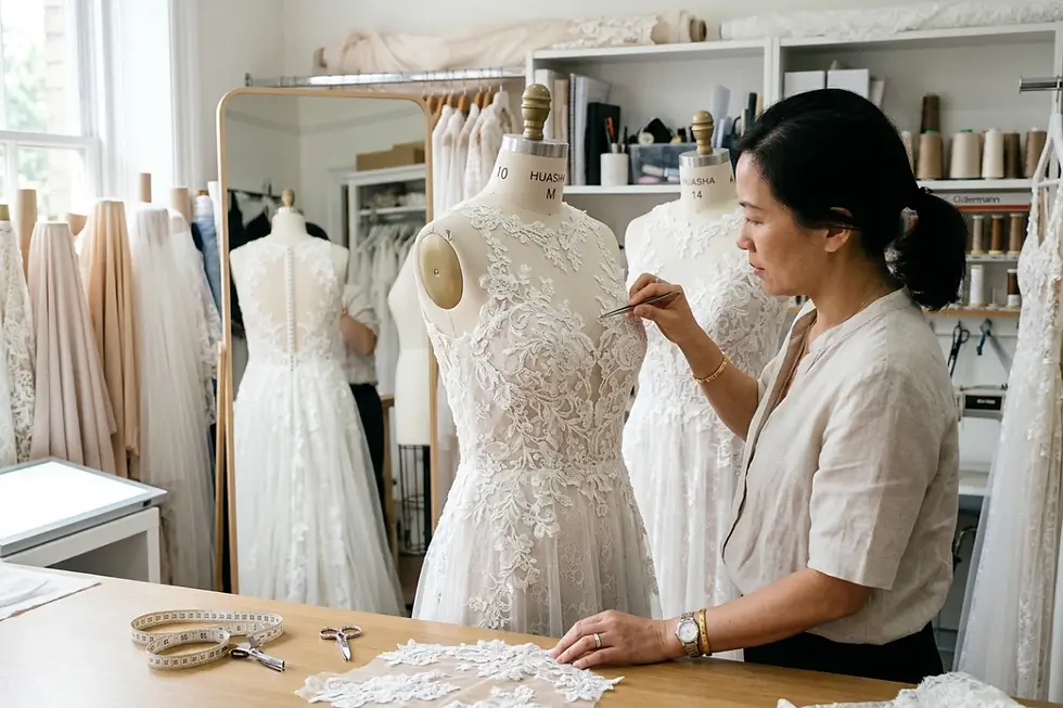 Control de calidad e inspección de simetría de encaje en boutique nupcial.
