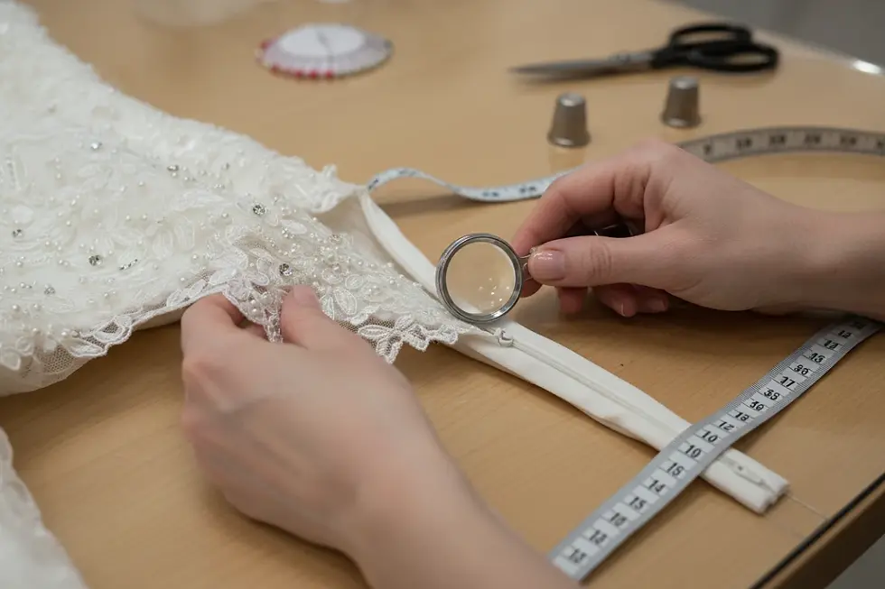 Performing bridal gown quality inspection on lace appliqué and invisible zipper closure
